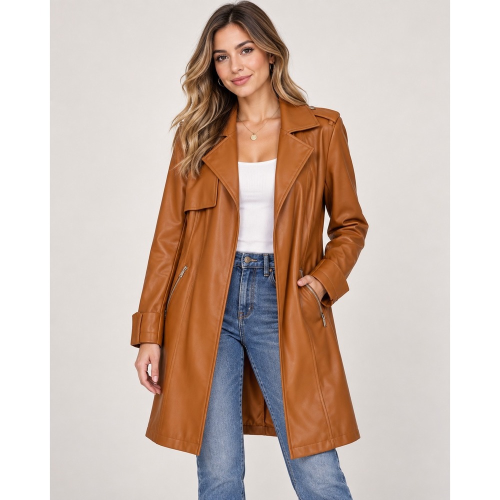 Bagatelle Collection Cognac Faux Leather Trench Coat Jacket Brown Large 25617